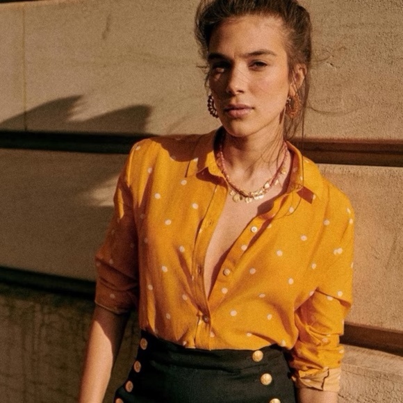 Sezane Ann shirt in Ochre with Ecru Polka Dots -- Size 10 US / 42 FR - Picture 4 of 10